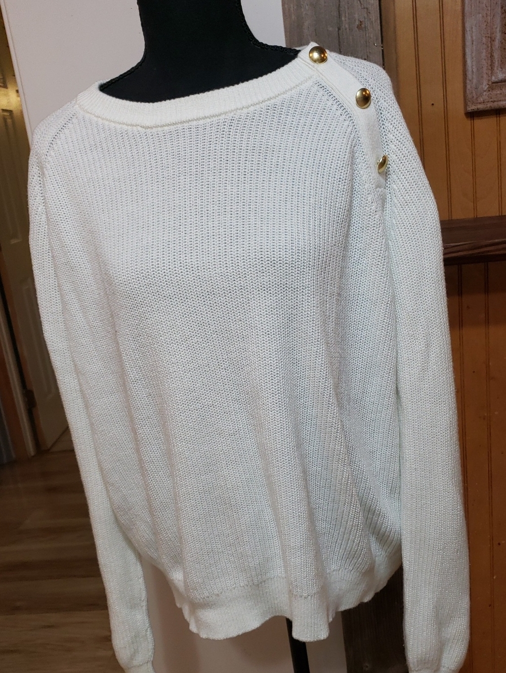 J.Crew White Knit Long Sleeve Sweater Detail Gold Buttons XL Nautical Raglan